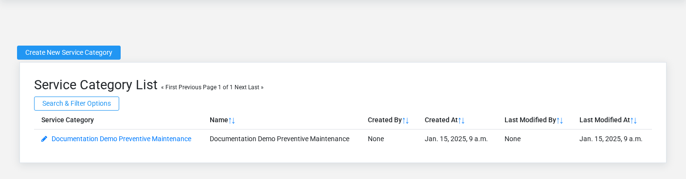 Brisk Service Categories list screen displayed with fictional documentation-demo data.