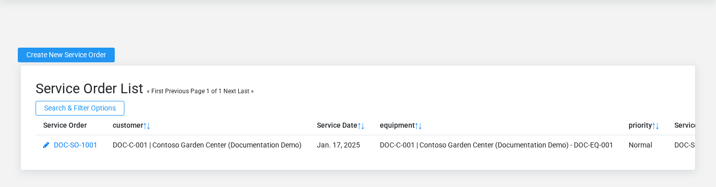 Brisk Service Orders list screen displayed with fictional documentation-demo data.