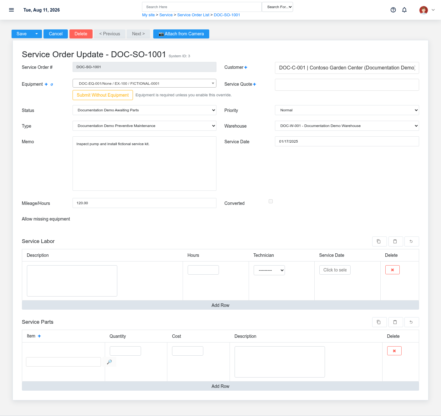 Service order edit screen for fictional job DOC-SO-1001 with work details.