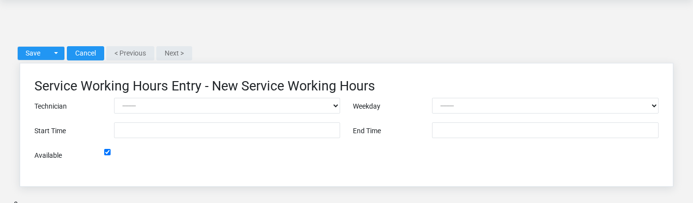 Brisk Service Working Hours create screen displayed with fictional documentation-demo data.