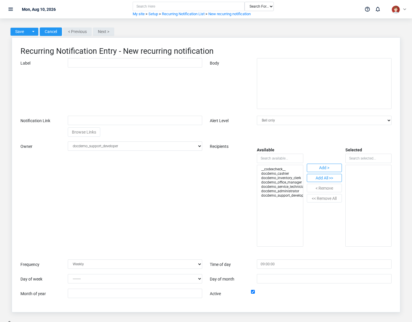 Brisk Recurring Notifications create screen displayed with fictional documentation-demo data.