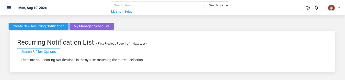 Brisk Recurring Notifications list screen displayed with fictional documentation-demo data.