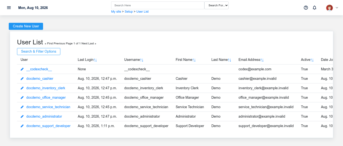 Brisk Users and Access list screen displayed with fictional documentation-demo data.