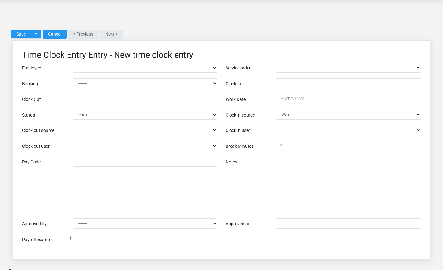 Brisk Time Clock Entries create screen displayed with fictional documentation-demo data.