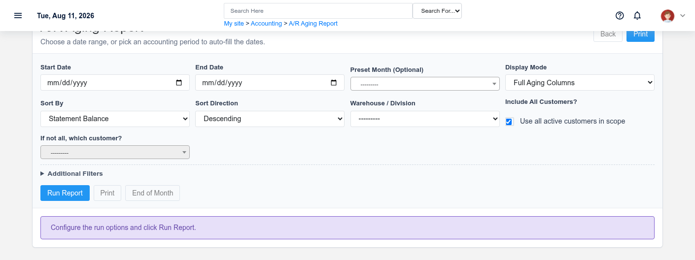 Accounts Receivable Aging report for the deterministic documentation cutoff.