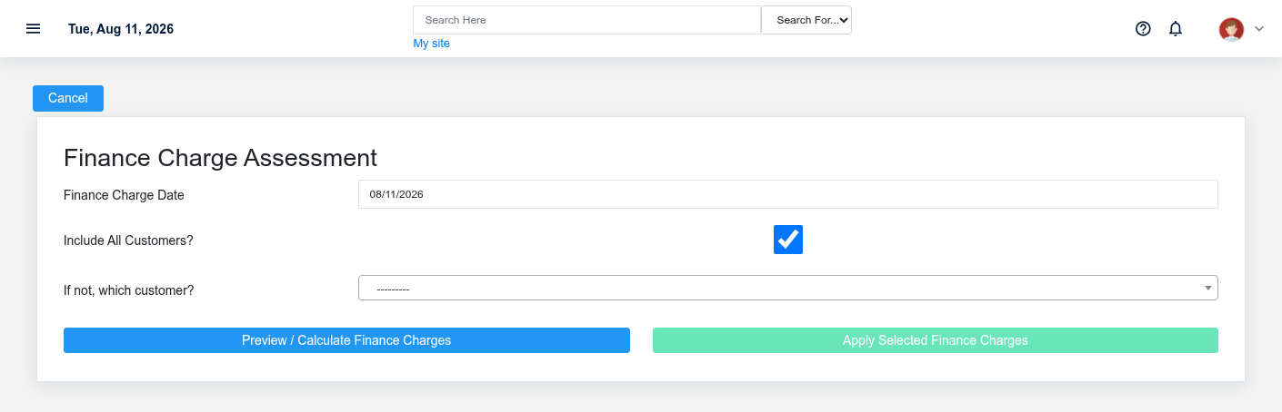 Finance Charge preview screen for fictional eligible receivables.