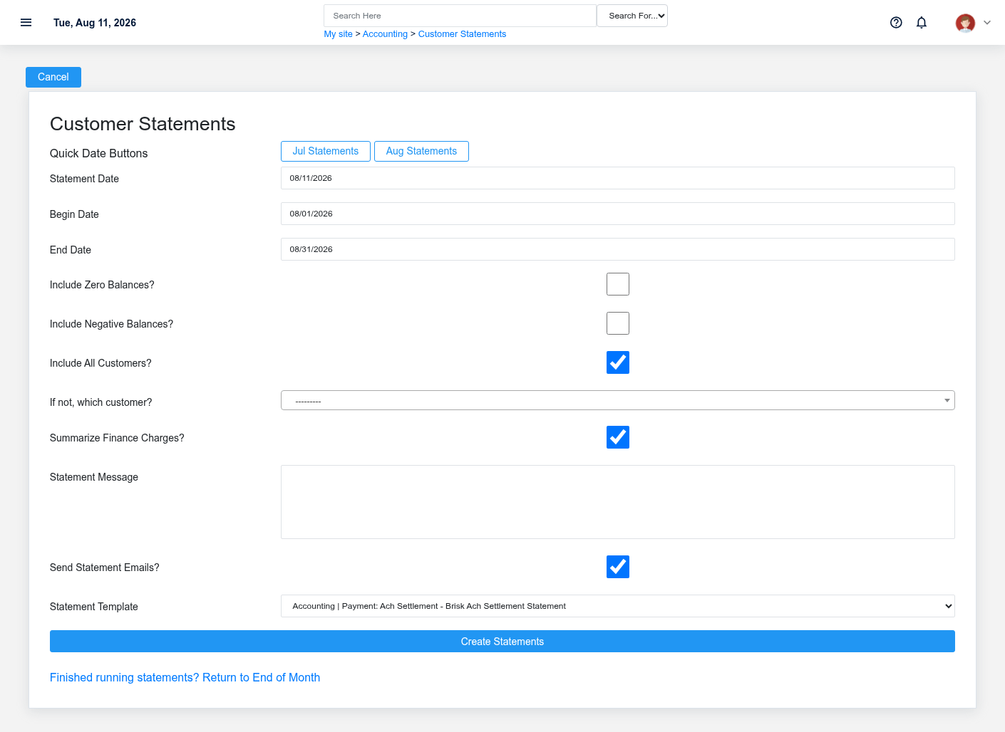 Customer Statement form scoped to fictional documentation customer DOC-C-001.