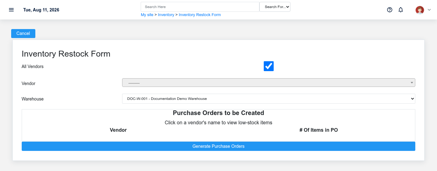 Restock Form for fictional warehouse DOC-W-001 with documentation items eligible for review.