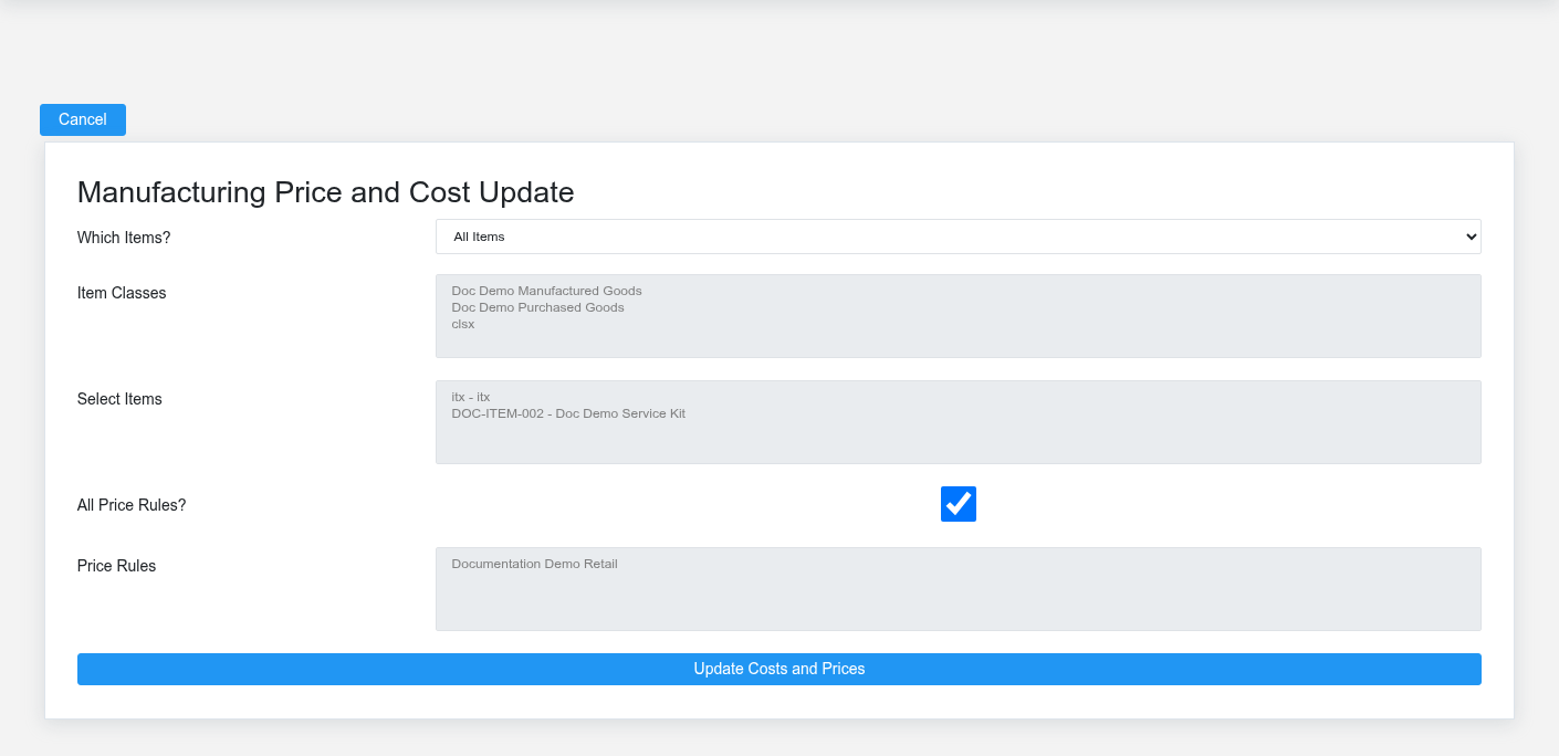 Manufacturing Price and Cost Update screen scoped for deliberate review.