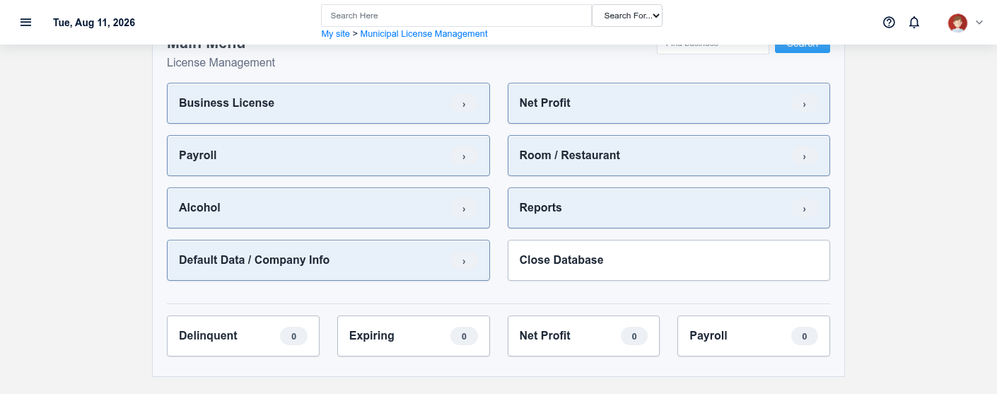 Municipal License Management queue showing fictional application and license states.