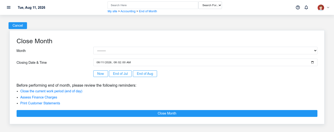 Close Month screen for the deterministic documentation accounting month.