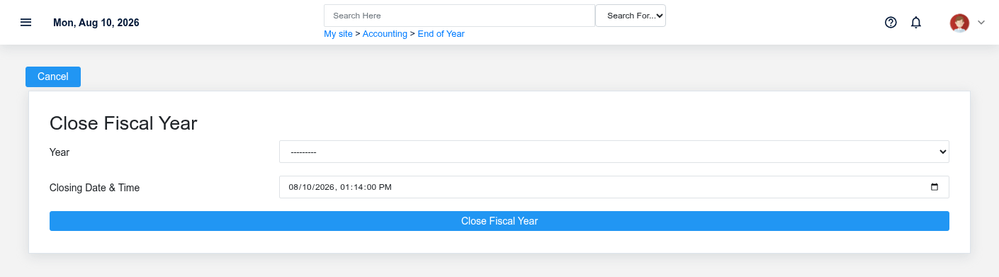 Brisk Close Accounting Periods year screen displayed with fictional documentation-demo data.