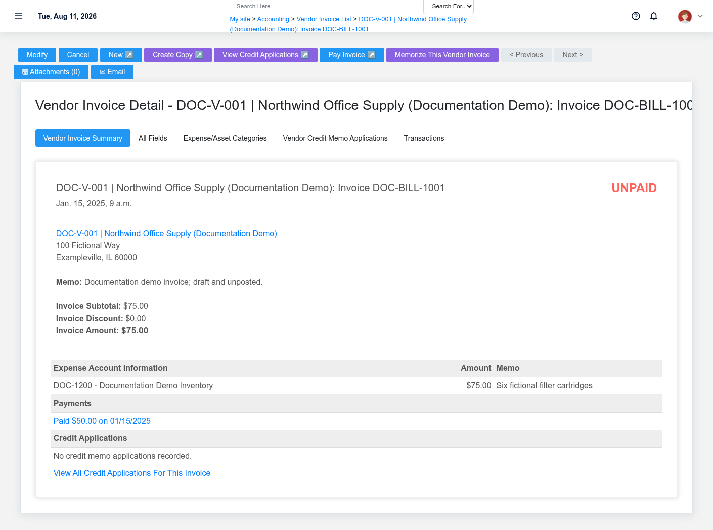 Vendor invoice DOC-BILL-1001 for fictional Northwind Office Supply in Draft and unposted state.