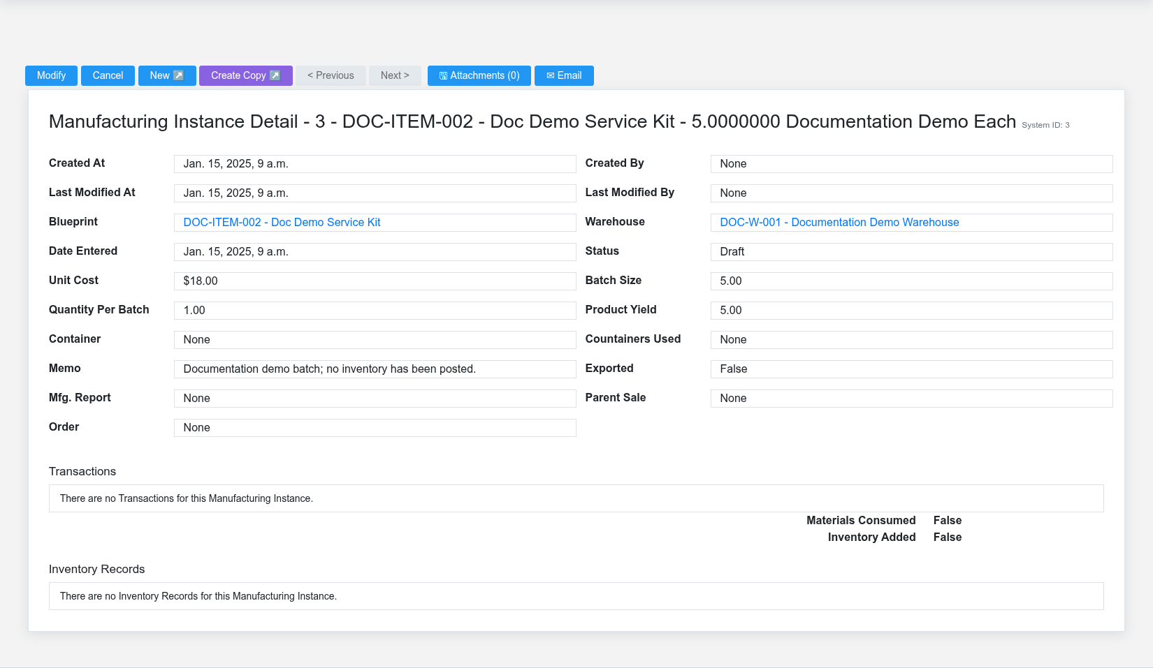 Draft manufacturing instance for fictional item DOC-ITEM-002 with materials and finished inventory not posted.
