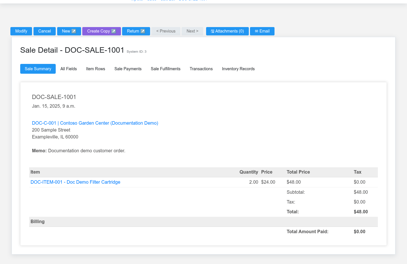 Fictional sale DOC-SALE-1001 with an outstanding balance prepared for the collection example.