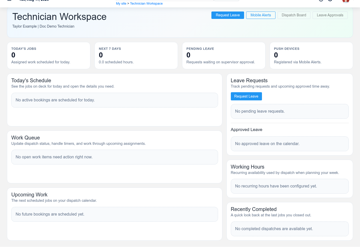 Technician Workspace showing fictional assigned service work and timer context.