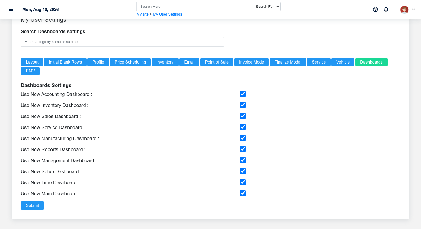 Brisk user settings showing the Dashboards section with fictional documentation-demo data.
