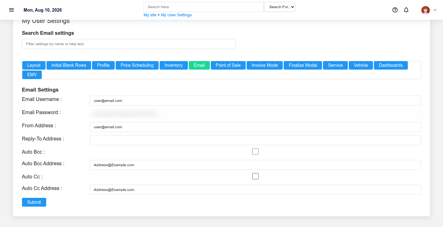 Brisk user settings showing the Email section with fictional documentation-demo data.