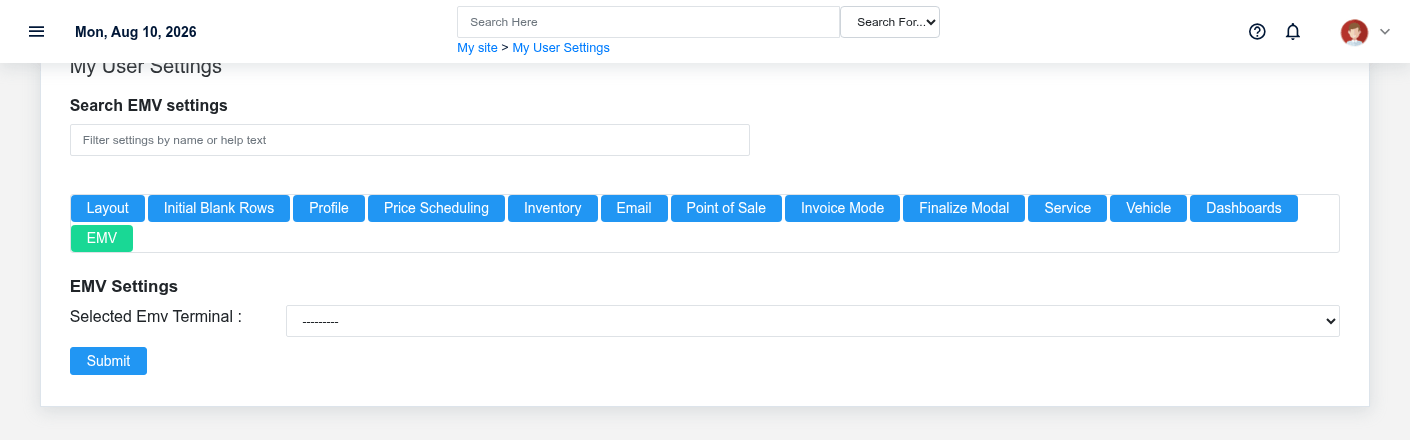 Brisk user settings showing the EMV section with fictional documentation-demo data.