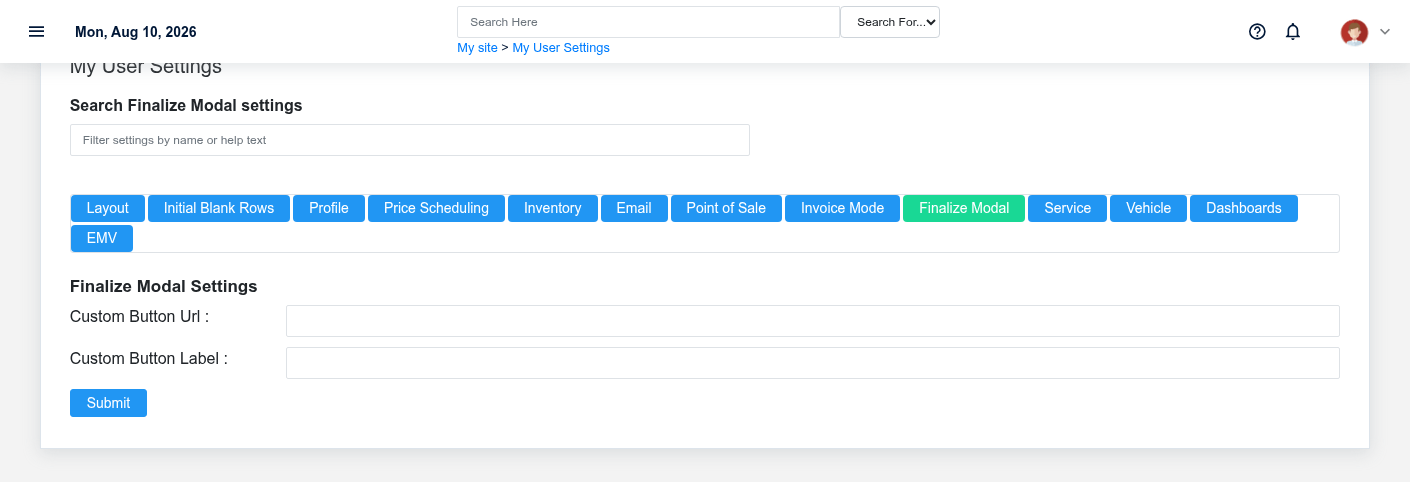 Brisk user settings showing the Finalize Modal section with fictional documentation-demo data.