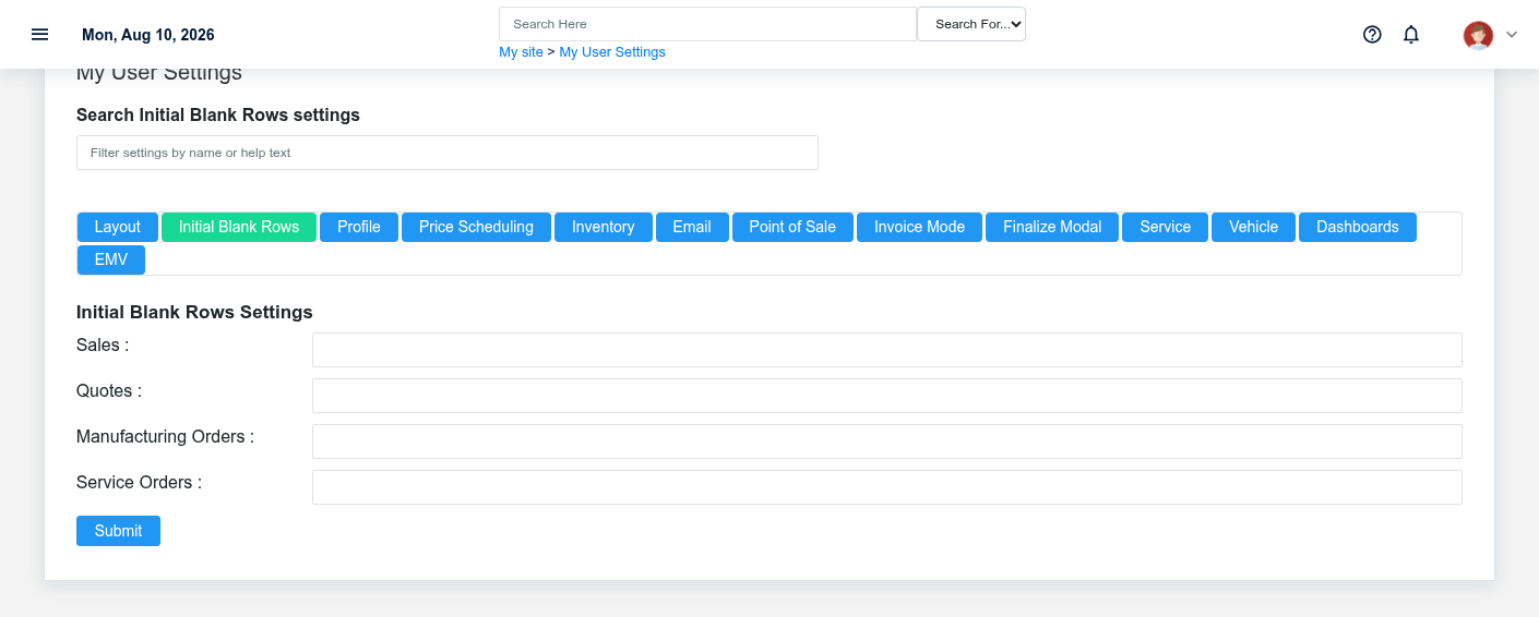 Brisk user settings showing the Initial Blank Rows section with fictional documentation-demo data.