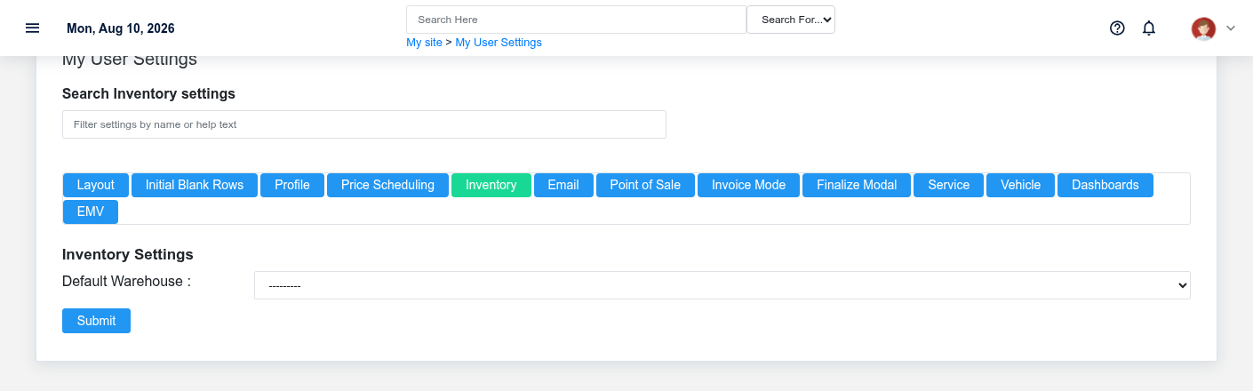 Brisk user settings showing the Inventory section with fictional documentation-demo data.