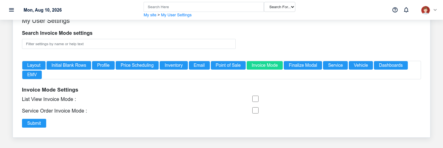 Brisk user settings showing the Invoice Mode section with fictional documentation-demo data.