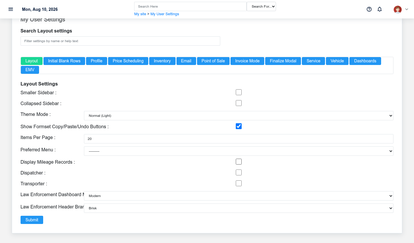 Brisk user settings showing the Layout section with fictional documentation-demo data.