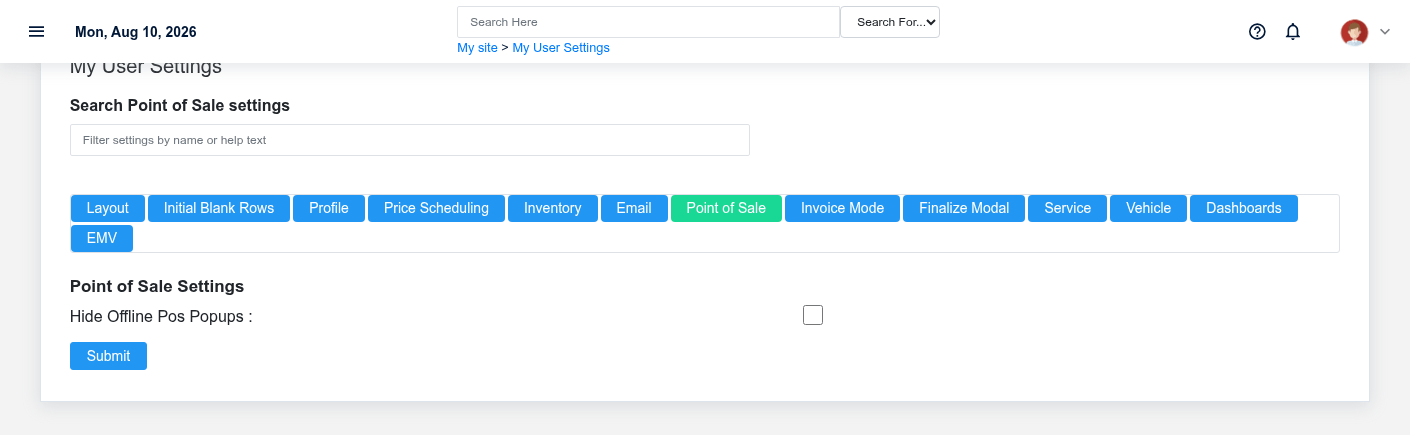 Brisk user settings showing the Point of Sale section with fictional documentation-demo data.