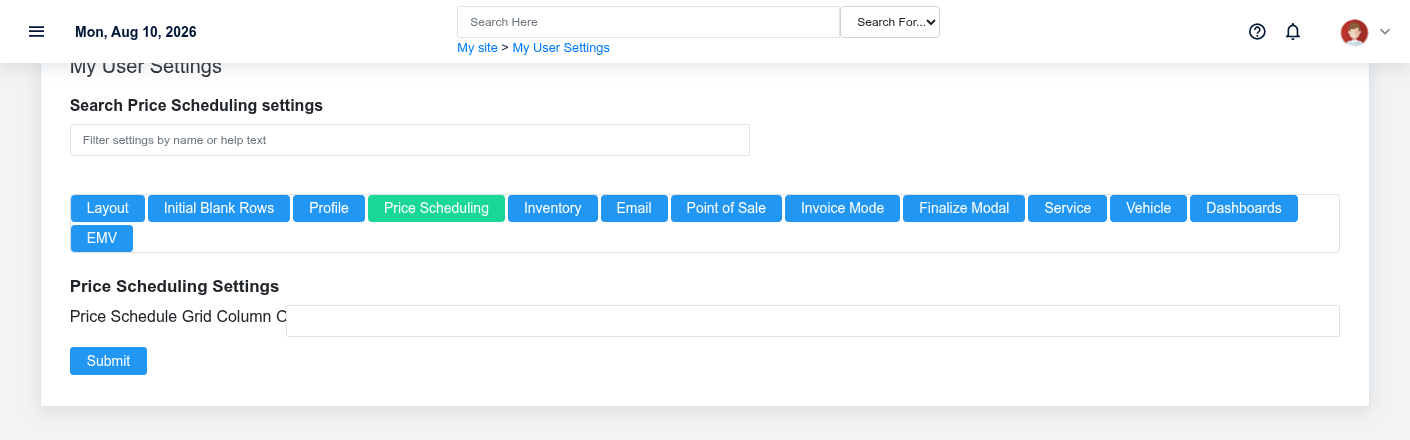 Brisk user settings showing the Price Scheduling section with fictional documentation-demo data.