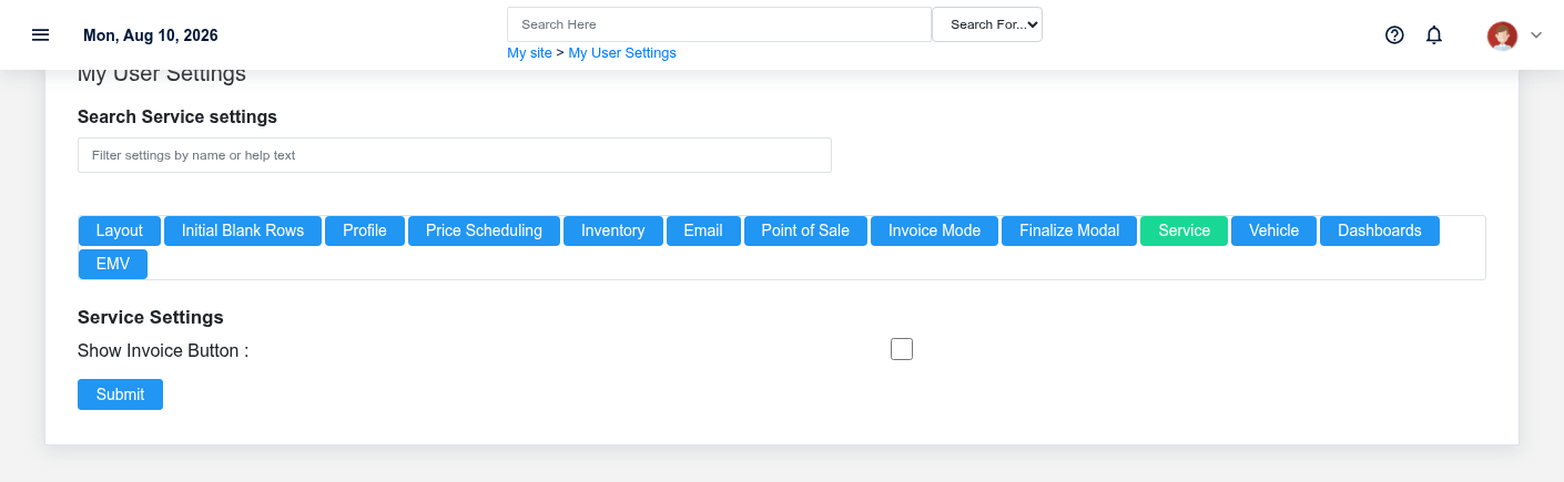 Brisk user settings showing the Service section with fictional documentation-demo data.
