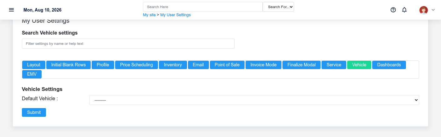 Brisk user settings showing the Vehicle section with fictional documentation-demo data.